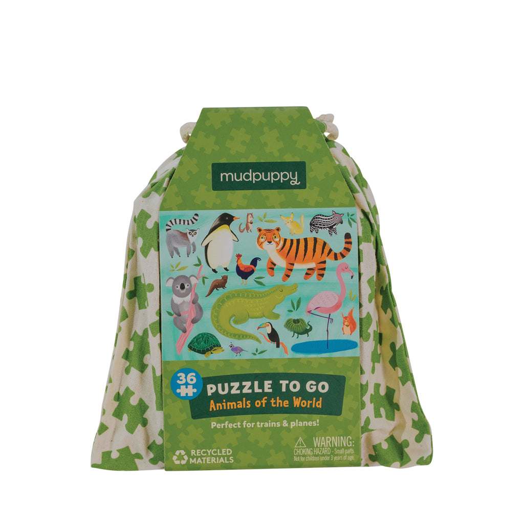 a puzzle featuring colourful illustrations of animals, like a tiger, penguin and lemur.