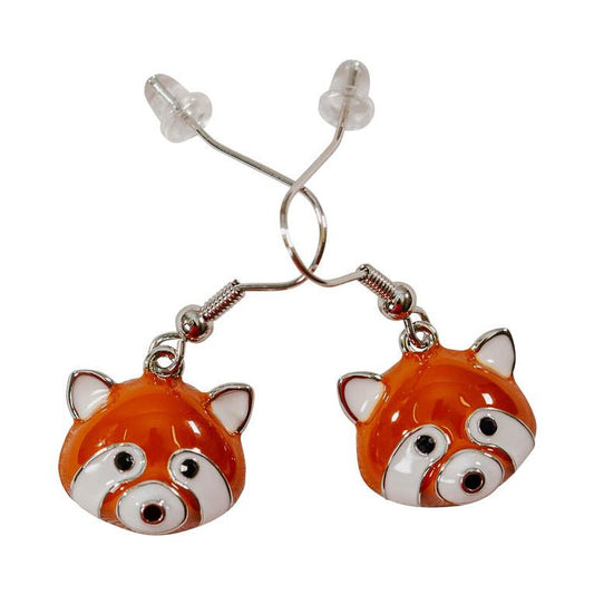 A pair of red and white enamel and silver, Red Panda faces with silver earring hooks