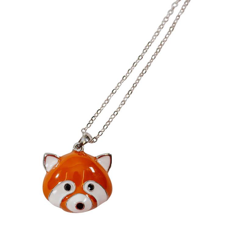 A hypoallergenic metal necklace with a red panda face pendant.