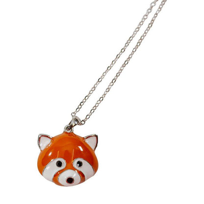 A hypoallergenic metal necklace with a red panda face pendant.