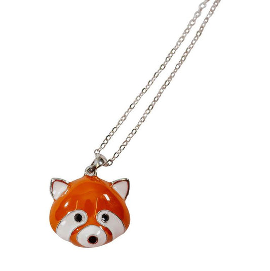 A hypoallergenic metal necklace with a red panda face pendant.