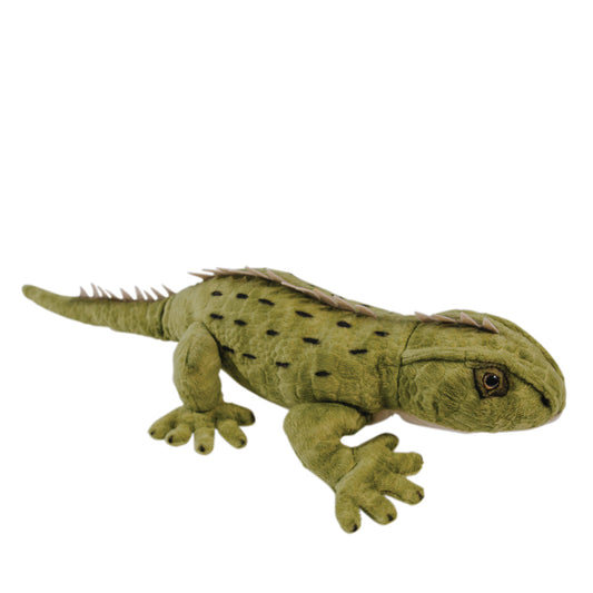 A plush tuatara toy in green with detailed texturing, approximately 50cm long